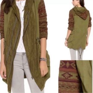 Free People Mixed Media Tapestry Hooded Parka Jacket - Army Green, size S